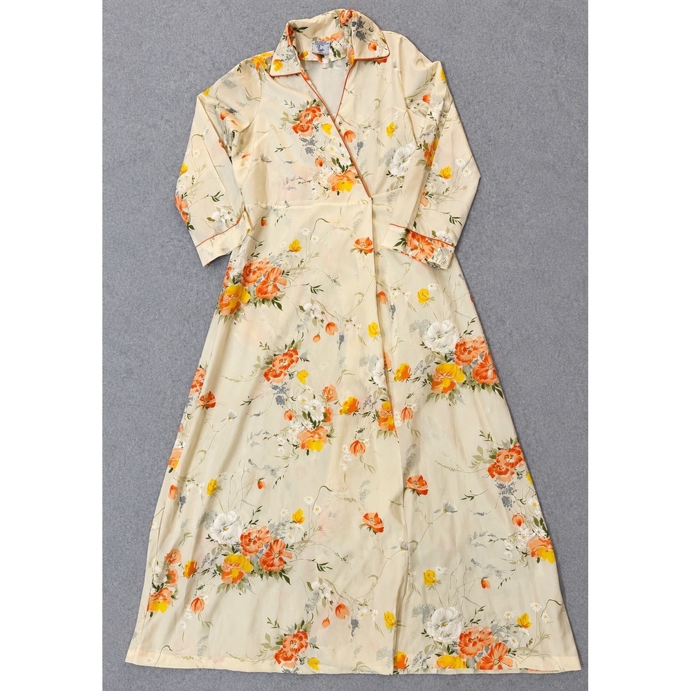 Vintage Sears Floral Maxi Robe Cream Orange 70s‎ Loungewear Duster Medium 14-16